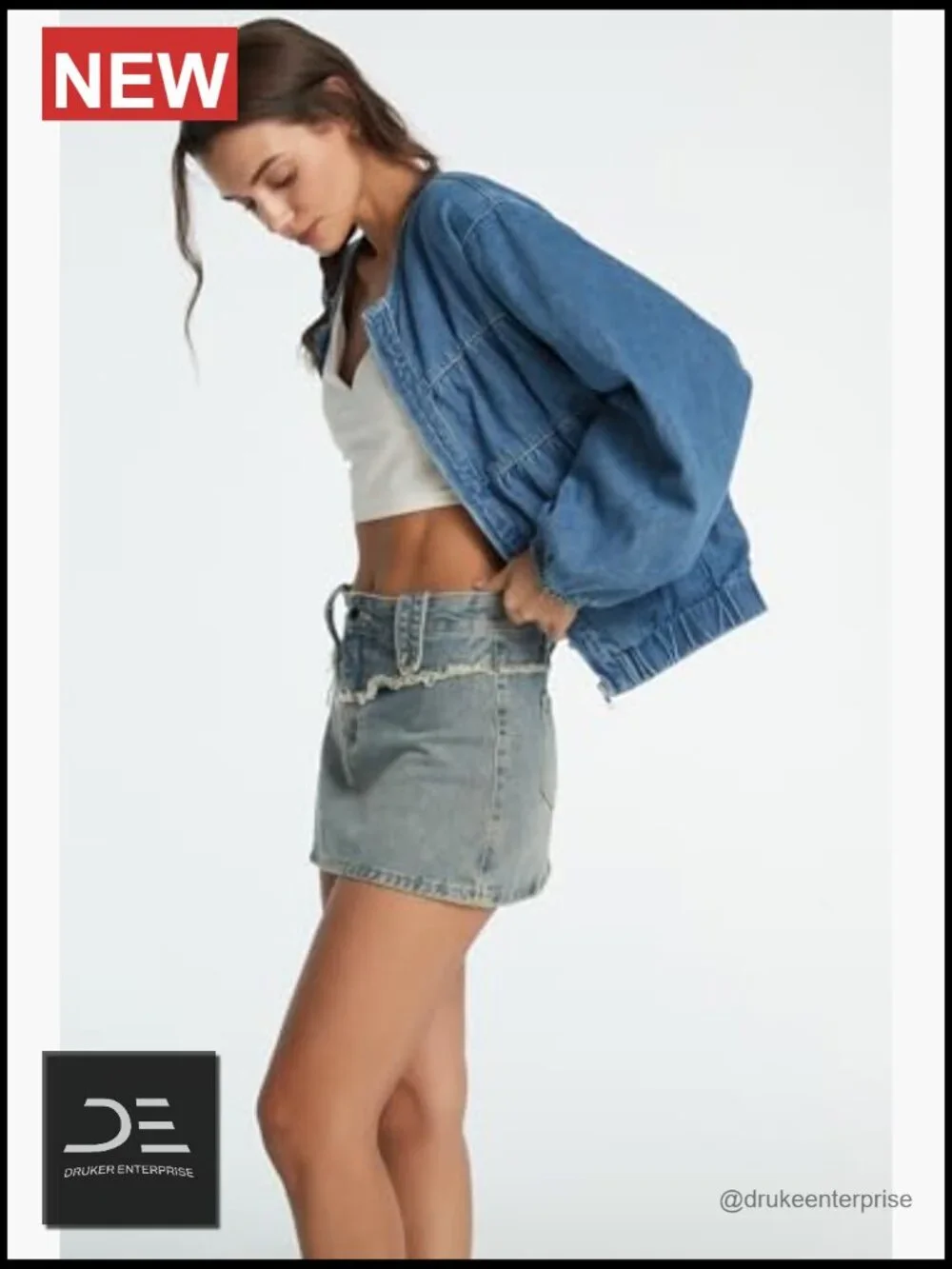 Women Denim Bomber Jacket Collarless Cropped Zip Jean Shirt Jacket Pockets